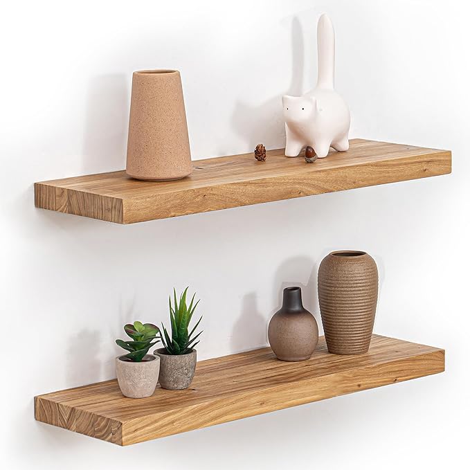 Fun Memories Floating Shelves for Wall Set of 2, Rustic Solid Elm Wood Wall by FunMemories