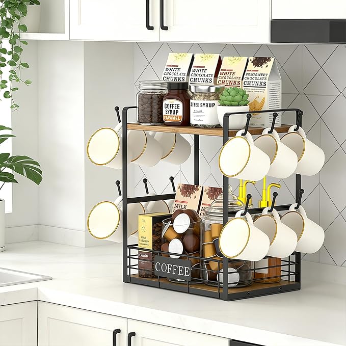 Coffee Mug Rack with 12 Hooks, 2-Tier Coffee Cup Holder with Shelf and Storage - Image 7