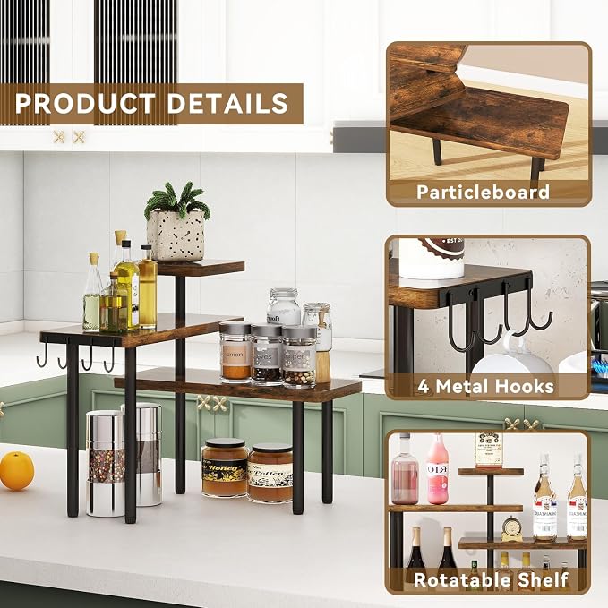 IBUYKE Kitchen Countertop Organizer, 3-Tier Wooden Spice Racks, Bathroom - Image 4