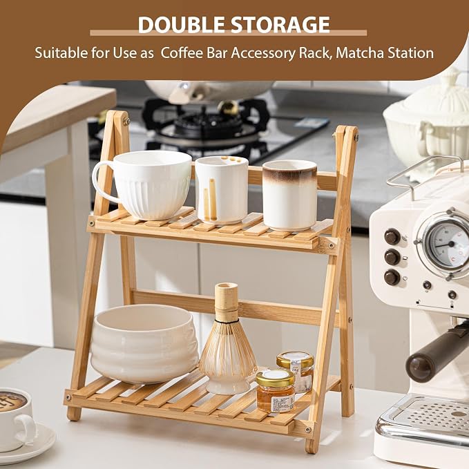 Yalikop Matcha Station Shelf, 11.8'' Coffee Station Organizer, 2 Tiers Bamboo - Image 3