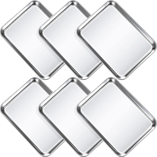 6 Pcs Baking Sheet Pan Set 9 x 6.7 x 1 inches Cookie Sheet Small Toaster Oven Pans Stainless Steel Tray Barbecue Grill Pan Rectangle Trays Oven, Non-stick, Easy Clean