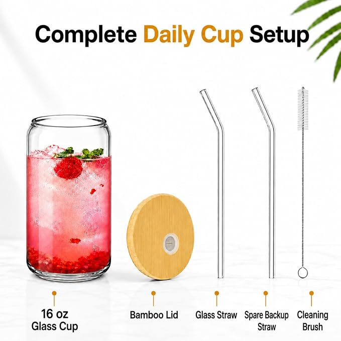 Glass Cups with Lids and Straws 1 Pack, 16 oz Glass Coffee Cup with Bamboo Lid - Image 2