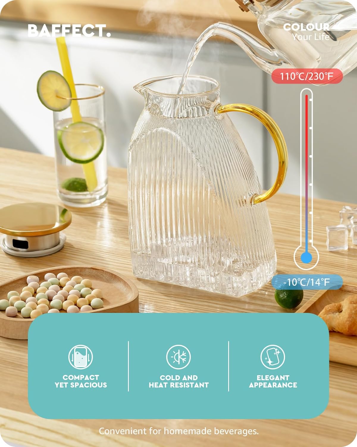 Baffect Water Pitcher, High Borosilicate Glass Jug with Stainless Steel Lid, Leakproof Fridge Door Carafe for Hot or Cold Beverage Vertical Pattern (1.8 L/63 oz.)
