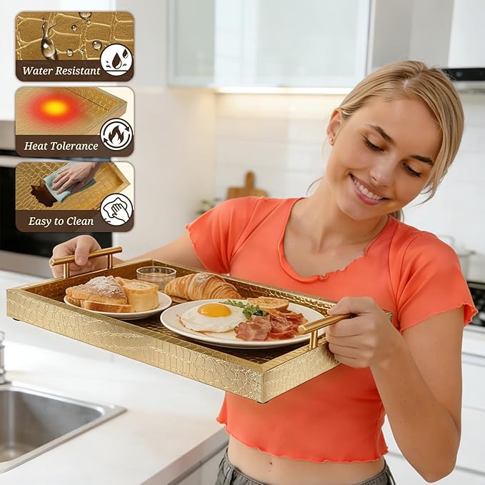 SXNOWS 17"x12" Gold Faux Leather Serving Tray - Image 4