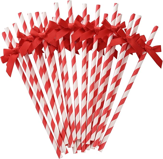 20pcs Red Bow Straw, 7.7inch Cake Pops Treat Sticks Biodegradable Cute Paper by Nicime