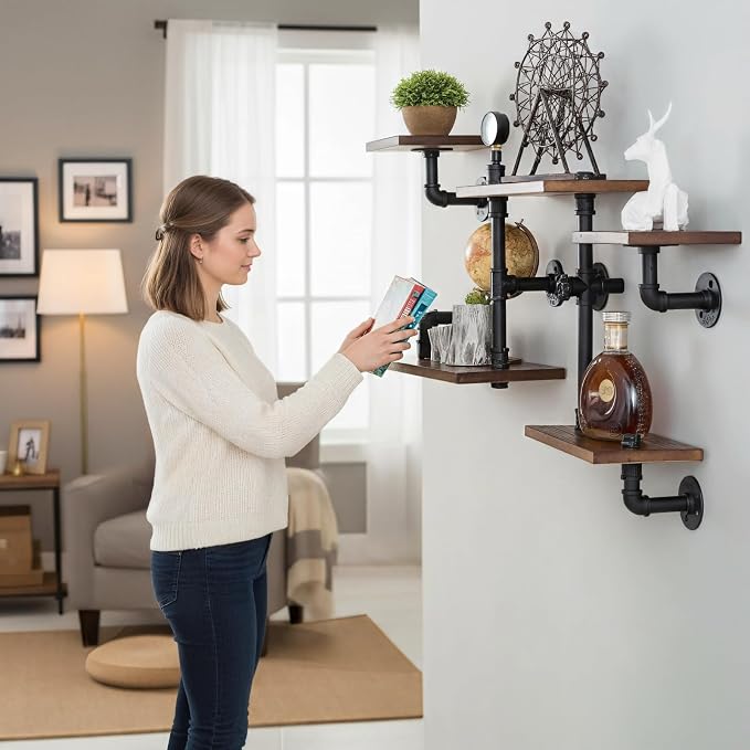 Industrial Rustic Modern Wood Ladder Pipe Wall Mounted Floating Shelves - Image 2