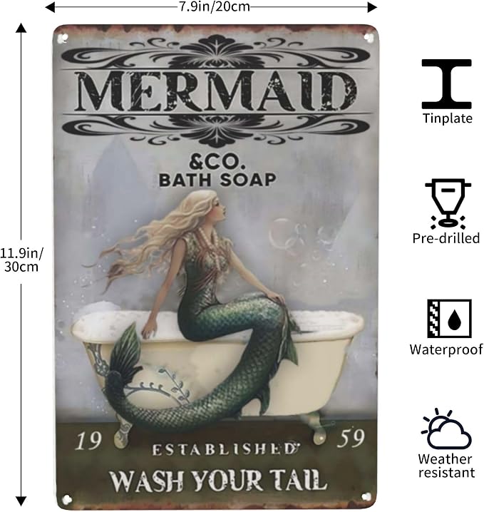 Retro Signs Vintage Bathroom Mermaid Bath Soap Wash Your Tail Signs Retro - Image 3