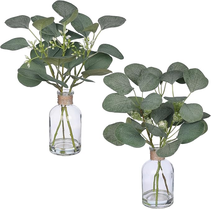 Zheart 2 Pack Small Fake Plants Eucalyptus Potted，Artificial Eucalyptus Stems by Zheart