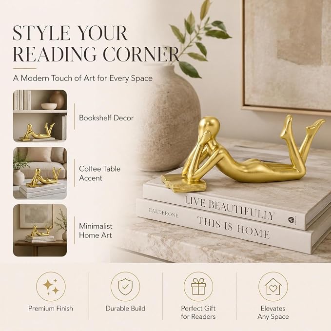 Gold Reading Statue Style B, Abstract Reader Figurine, Resin Book Decor - Image 3