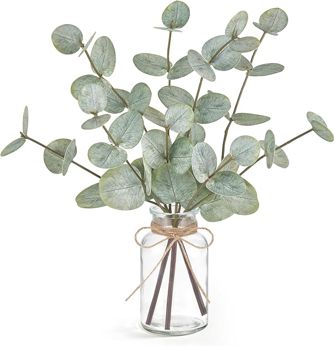 Mkono Artificial Eucalyptus Stems in Glass Vase, Fake Plants by Mkono