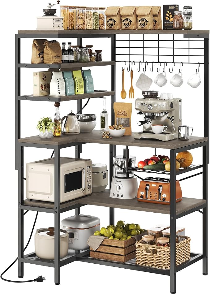 L-Shaped Bakers Rack with Power Outlets, 6-Tier Microwave Stand with Hooks by WelcometoIABIFO