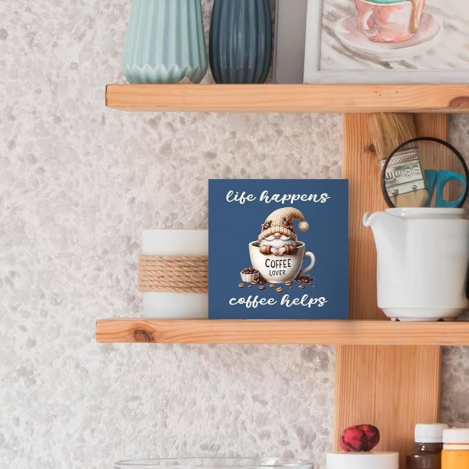 Rustic Coffee Gnomes Blue Wood Box Sign Desk Decor, Drink Lovers Gift Life - Image 5