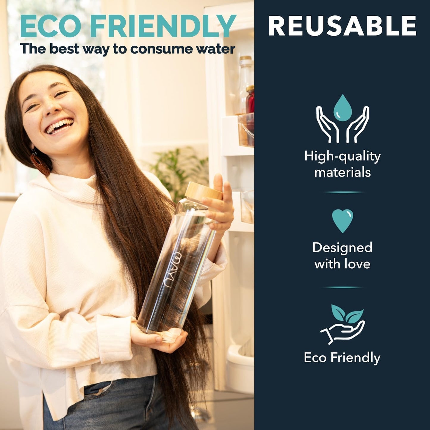 mayu Portable Container Water Bottle With Bamboo Lid - Eco Friendly & BPA Free Borosilicate Glass Infuser Bottle - Leak Free Design - For Storage, Everyday Use And Non-Toxic Hydration - 51oz 1.5L