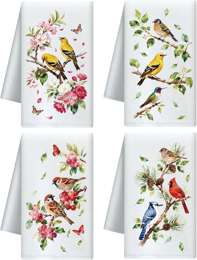 CUTHOLLOW Bird and Flower Decorative Kitchen Towels Set of 4, 15.74"x23.62" by CUTHOLLOW