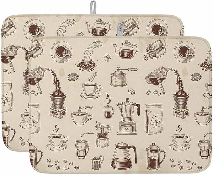 Coffee Dish Drying Mat 18x24 inch Vintage Coffee Beans Brewing Equipment Linen by Unknown