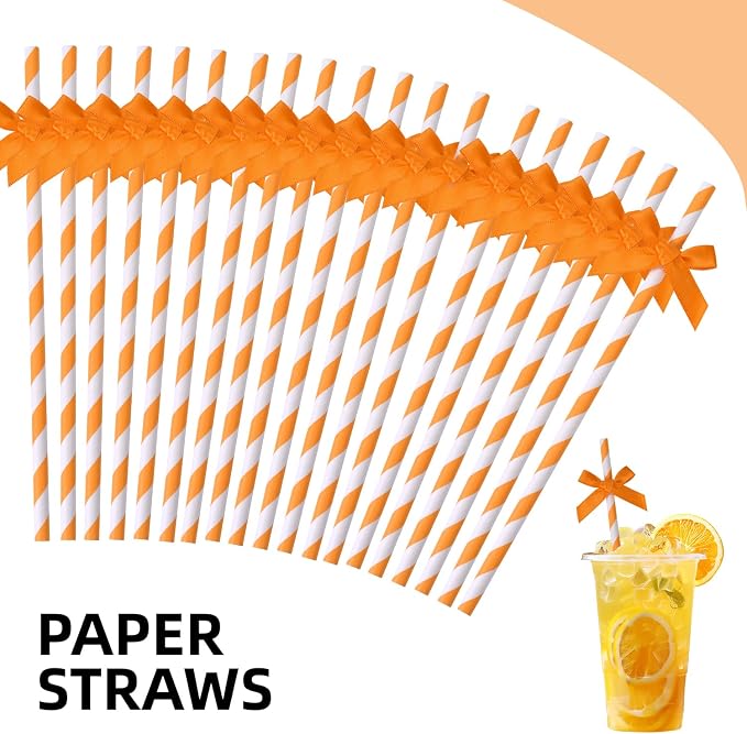 20pcs Orange Bow Straw, 7.7inch Autumn Thanksgiving Biodegradable Cute Paper - Image 3