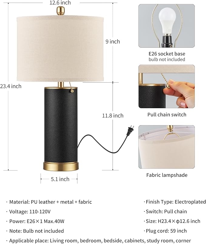 KDG 23.4" Black PU Leather Table Lamps - Image 5
