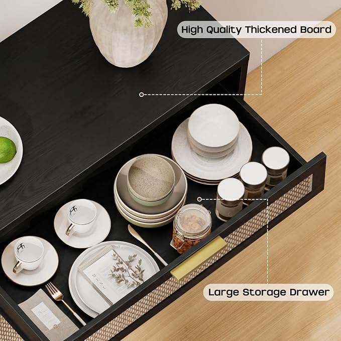 Rattan Buffet Cabinet with Storage, Sideboard Cabinet with Doors and Shelves - Image 4