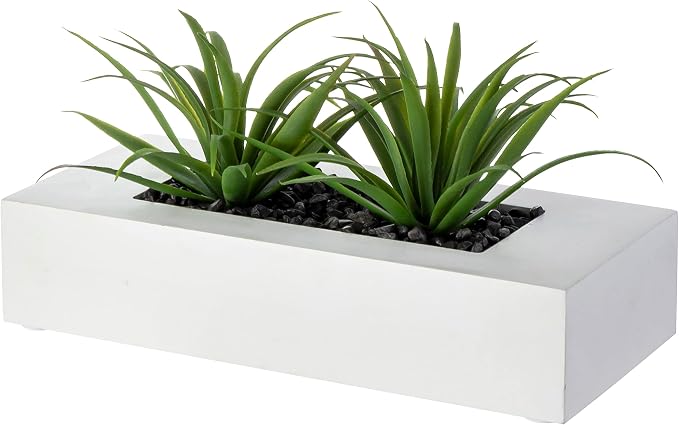 MyGift 10 Inch Artificial Grass Fake Plants in White Rectangular Wood Planter by MyGiftHome