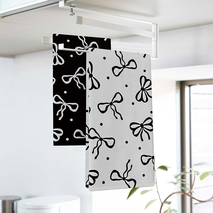 Black White Bow Kitchen Dish Towels Set of 2, Coquette Ribbon Preppy Drying - Image 3