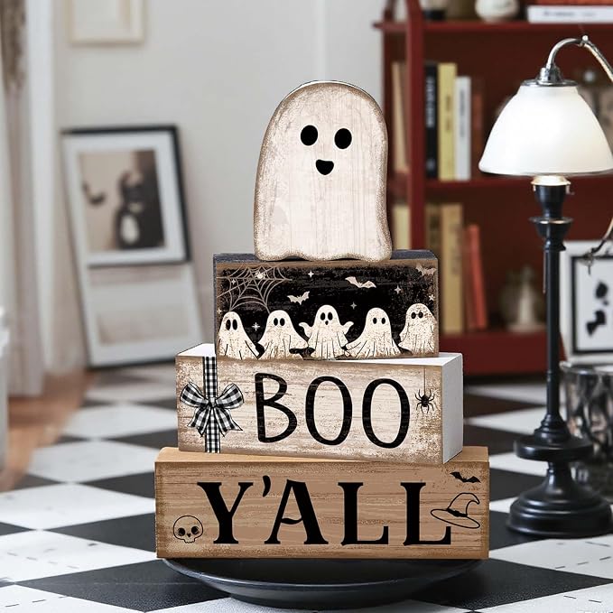 Lineshading 4 Pcs Halloween Table Decoration Wooden Ghost Tiered Tray - Image 2