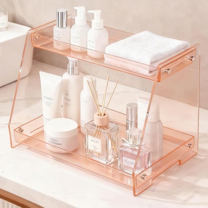 ROYALITA 2 Tier Pink Heart Bathroom Countertop Organizer Display Shelf - Image 2