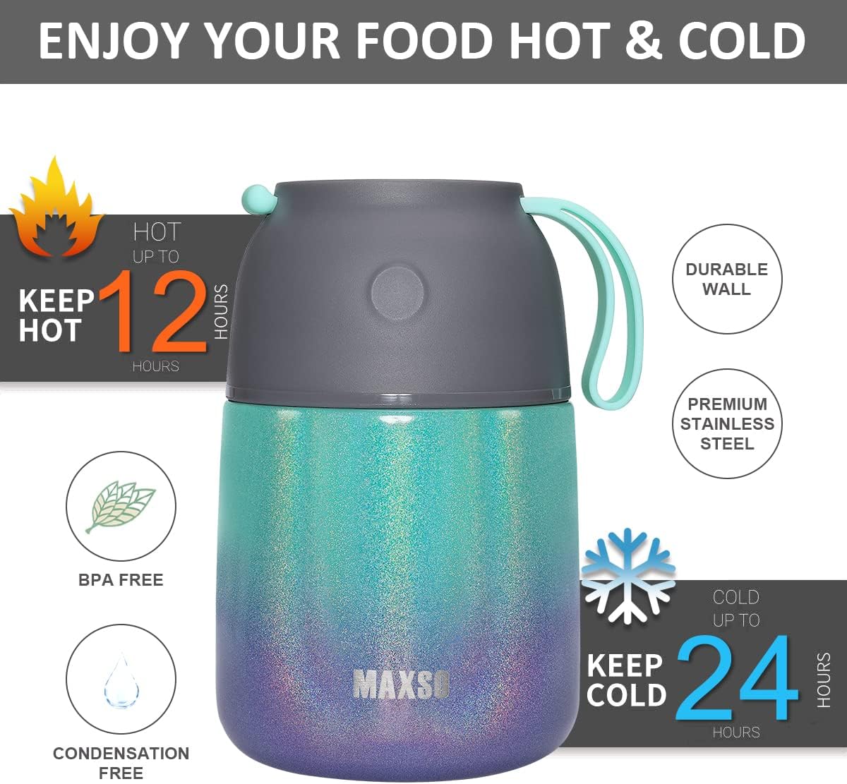 Insulated Thermo Food Jar for Hot & Cold Food for Kids Adult, 17&24 oz Soup Thermal Hot Food Containers for Lunch, Triple Layer Insulation Stainless Steel Food Jar with Spoon(2 Pack Rainbow)