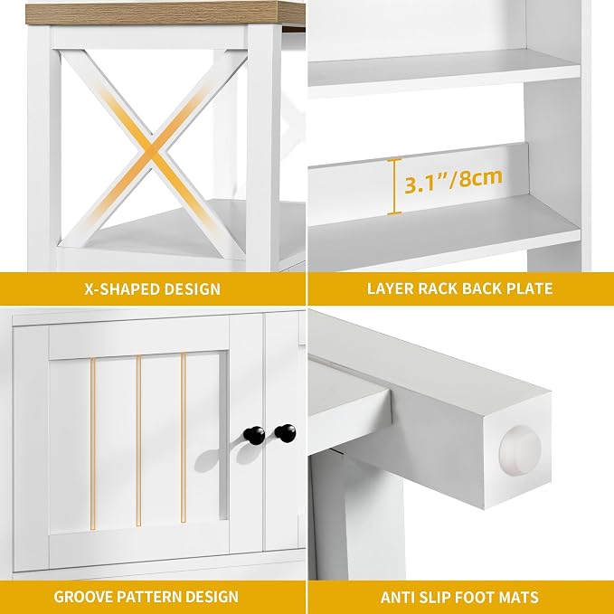 DWVO White Baker Rack with Power Outlet and Storage, Farmhouse Microwave Stand - Image 5