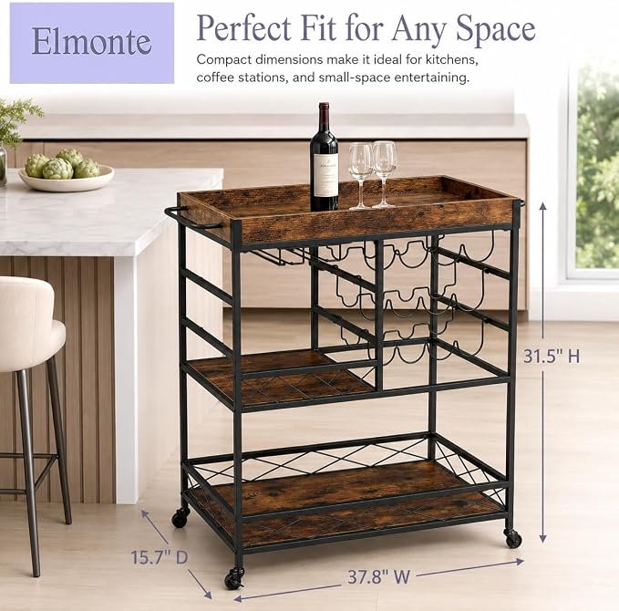 Elmonte Wine & Bar Cart with Wheels – 3-Tier Rolling Cart with 12-Bottle Rack & - Image 4