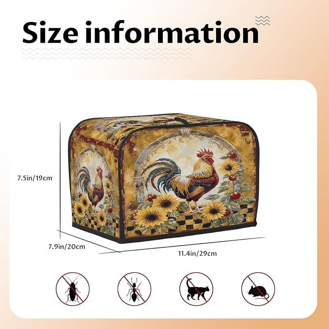 Rooster Farmhouse Sunflower Toaster Cover 2 Slice Wide Slot Washable Appliance - Image 5