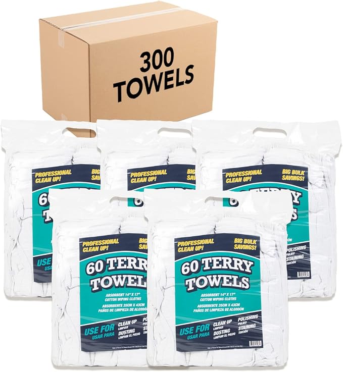 Arkwright TT60 Terry Cloth Rags Bulk, Case of 300, 100% Cotton Cleaning Towels by Arkwright