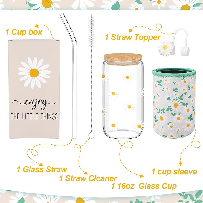 Reallnaive Daisy Gifts for Women 16 oz Flower Aesthetic Iced Coffee Cup Glass - Image 2