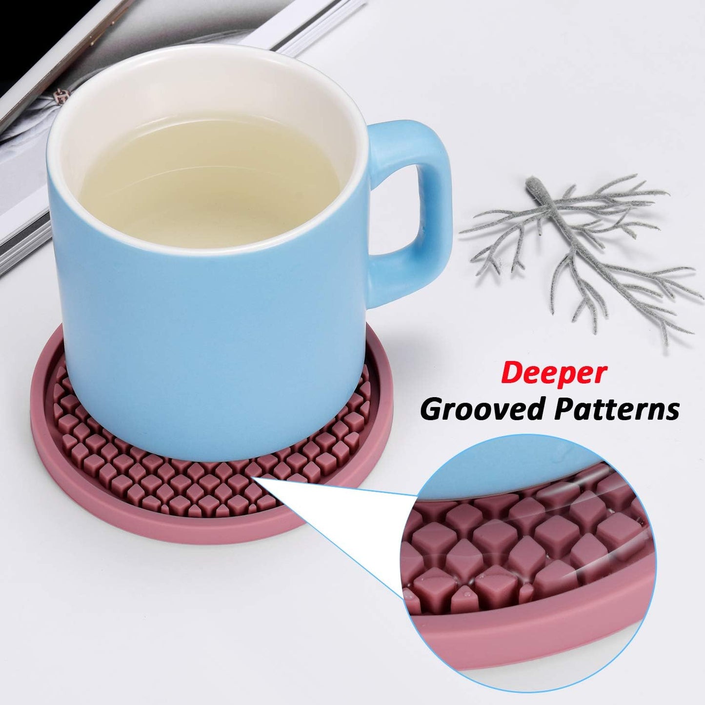 ME.FAN Silicone Coasters [6 Pack] Thickened Drink Coasters with Holder - Cup Mat - Non-Slip, Non-stick, Stay Put, Deep Tray - Prevents Furniture and Tabletop Damages(Pink)