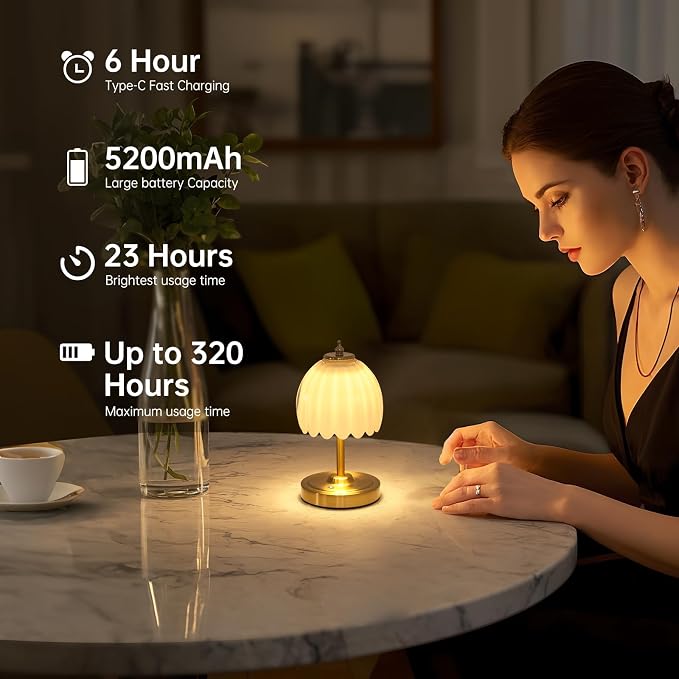 Shenmoyl Tulip Small Table Lamp, 5200mAh Cordless Touch Control Mini Table Lamp - Image 6