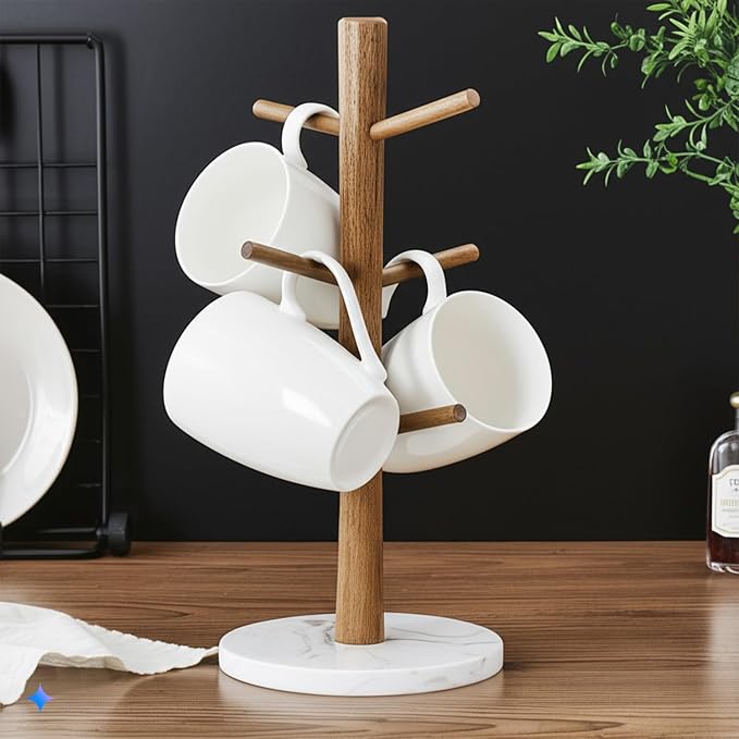 Buruis Wood Mug Holder, Marble Base Cup Rack Tree, Mug Stand Hanger, Kitchen - Image 8