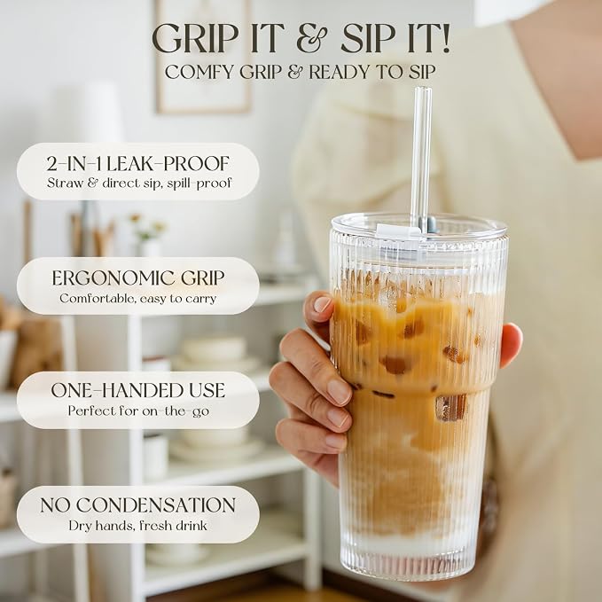 KEMORELA 6-Pack 20 oz Ribbed Glass Tumblers - Image 6