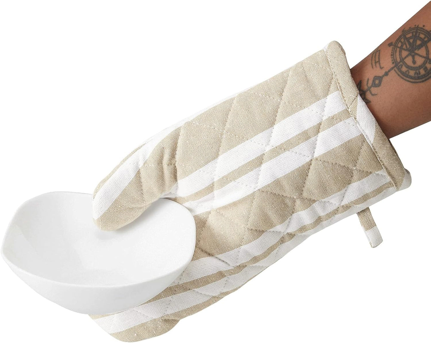 Encasa Homes Long 14 inch Oven Microwave Hand Gloves Mitts (2 pc Set) for Kitchen Cooking & Baking - Heat Resistant, Thick & Safe, Protection of Hands from Hot Utensils - Franca Beige Stripes