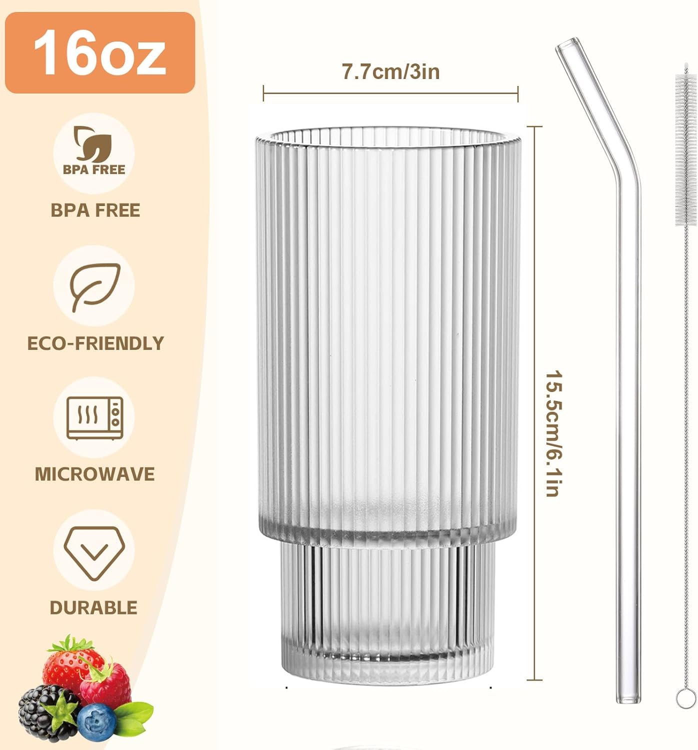 16OZ Ribbed Glass Cups with Lids and Straws,Iced Coffee Cups with Bamboo Lid,Vintage Glassware for Whiskey Cocktail Beer Fruit Juice Glasses Tumbler(6 Pack)