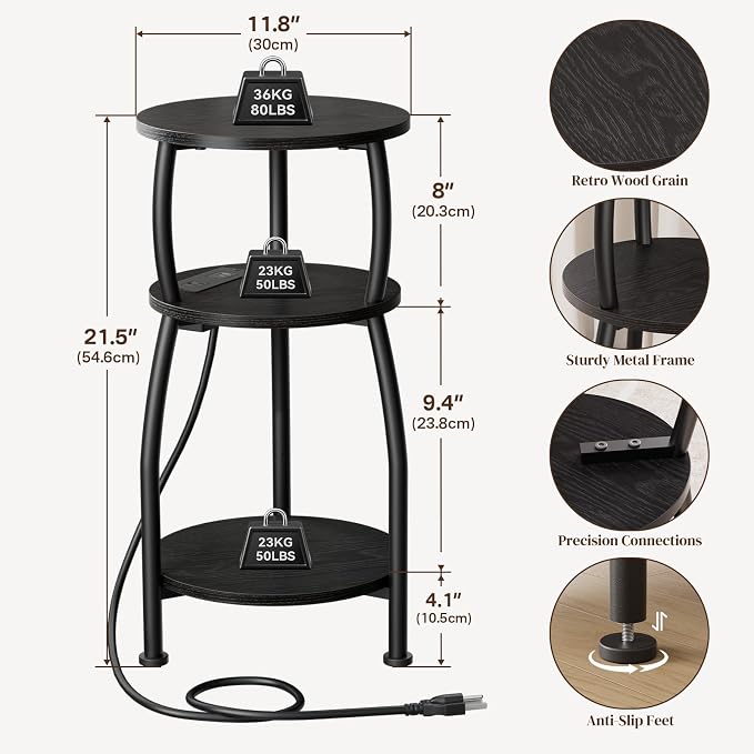 Round Side Table with Power Outlet & USB Ports, 3-Tier End Table with Storage - Image 3