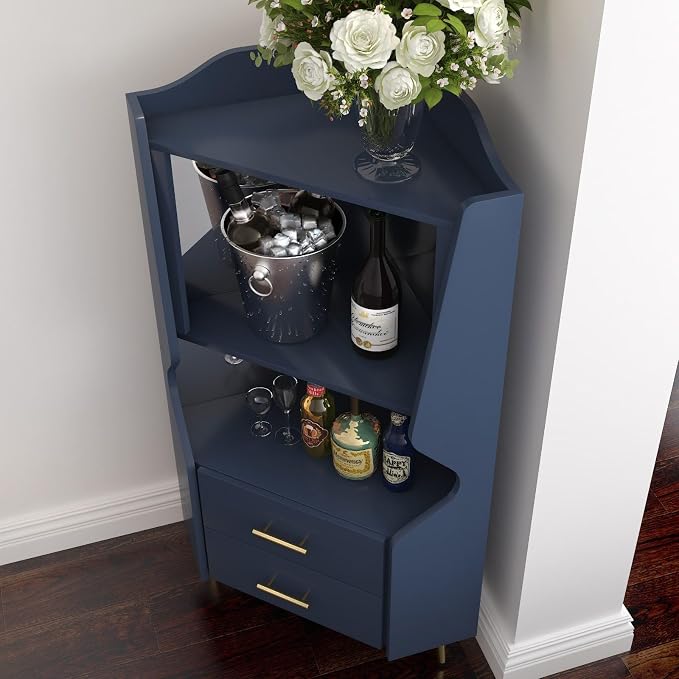 Corner Bar Cabinet with Mirrored Back, Sideboard Cabinet with 2 Open Shelves & - Image 6