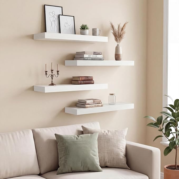Fixwal White Shelves for Wall, 15.7in Rustic Wood Finish Floating Wall Shelves - Image 2