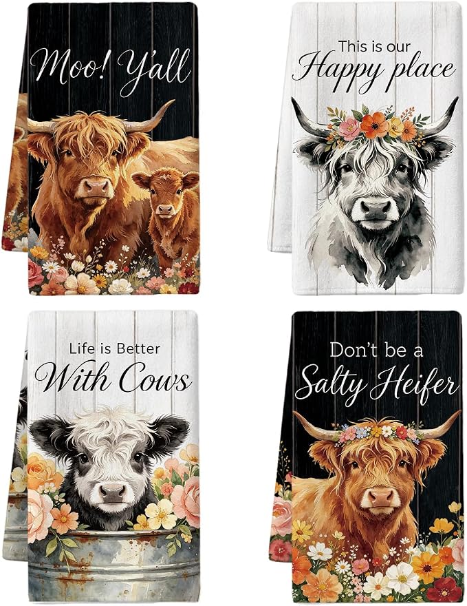 MAYJOYDIY 4 Pcs Highland Cattle Kitchen Towels Farmhouse Western Cow Microfiber by MAYJOYDIY
