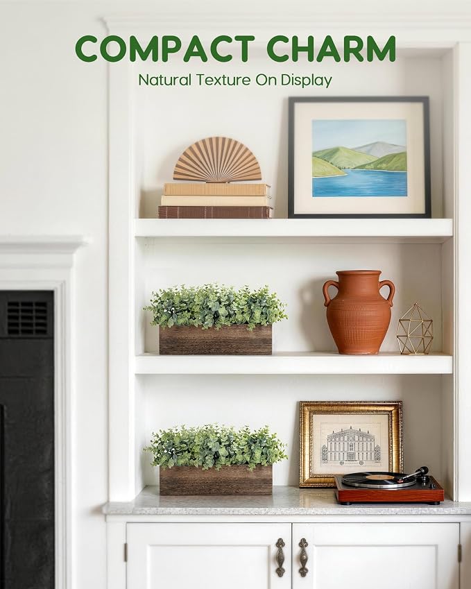 Velener 14" Artificial Eucalyptus Plants in Rustic Rectangular Wooden Planter - Image 4