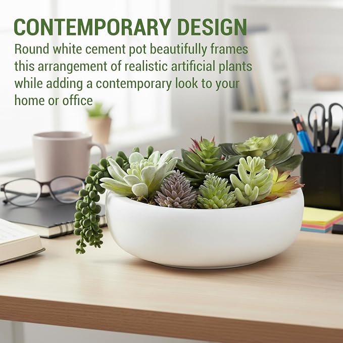 MyGift 8 Inch Round Modern Artificial Succulent Arrangement Potted in White - Image 2