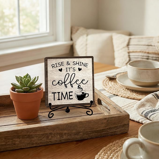 Farmhouse Coffee Bar Decor, Rise & Shine It's Coffee Time Wood Plaque - Image 4