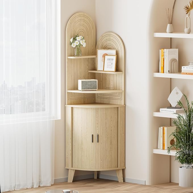 Small Corner Cabinet with Sliding Door and Storage, Tall Corner Bathroom Cabinet by Pruchant