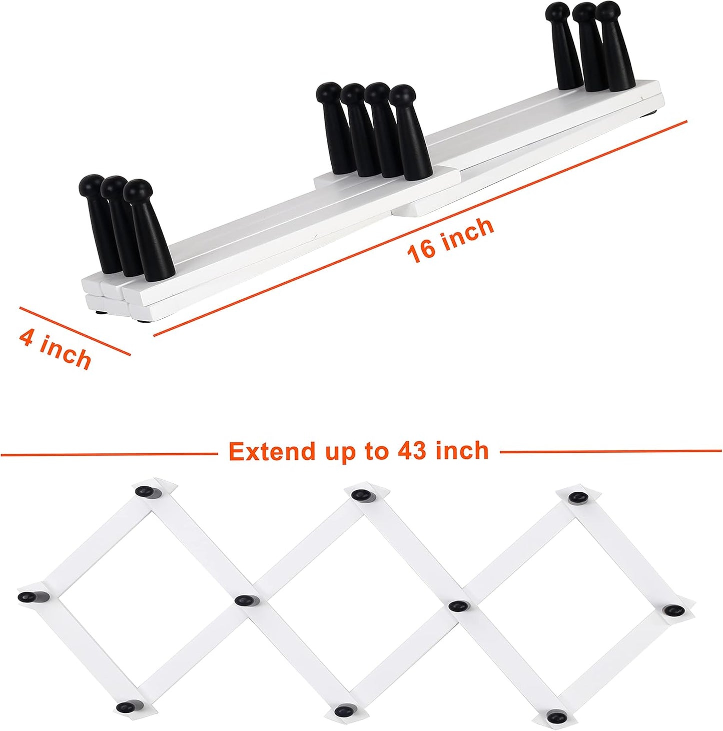 Dseap Accordian Wall Hanger: 16” High Wooden Wall Expandable Coat Rack, Hat Rack Holder, Accordion Hook for Baseball Caps, Coats, Mugs, 10 Peg Hooks, White & Black
