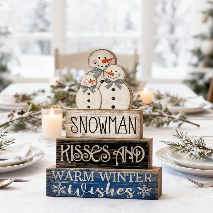 Lineshading 4 Pcs Winter Table Decor Wooden Snowman Decorations Winter Tiered - Image 7
