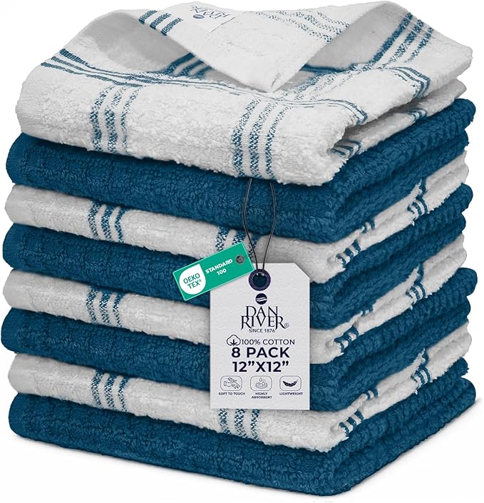 DAN RIVER Premium Dish Cloth 100% Cotton 12 X 12 Inches |Pack of 8|-Ultra Soft by DanRiver