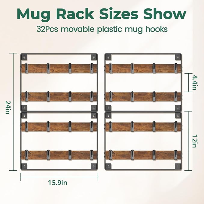 EsLuker.ly Mug Holder Hanger Rack Wall Mounted Wooden 4 Pack Coffee Cup Storage - Image 5